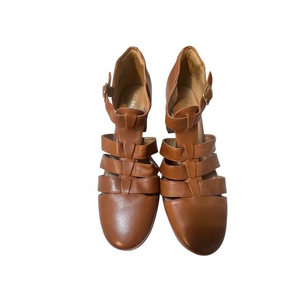 Clarks Womens Brown Leather Strappy Heeled Sandals Size 9 With Buckle Closure - Picture 2 of 10